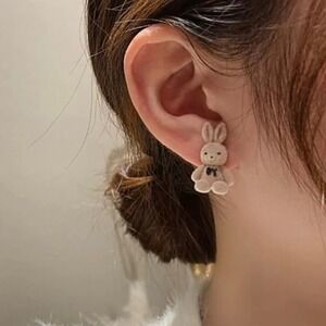 Fuzzy Beige Easter Bunny Rabbit Stuffed Animal Stud Earring Pair